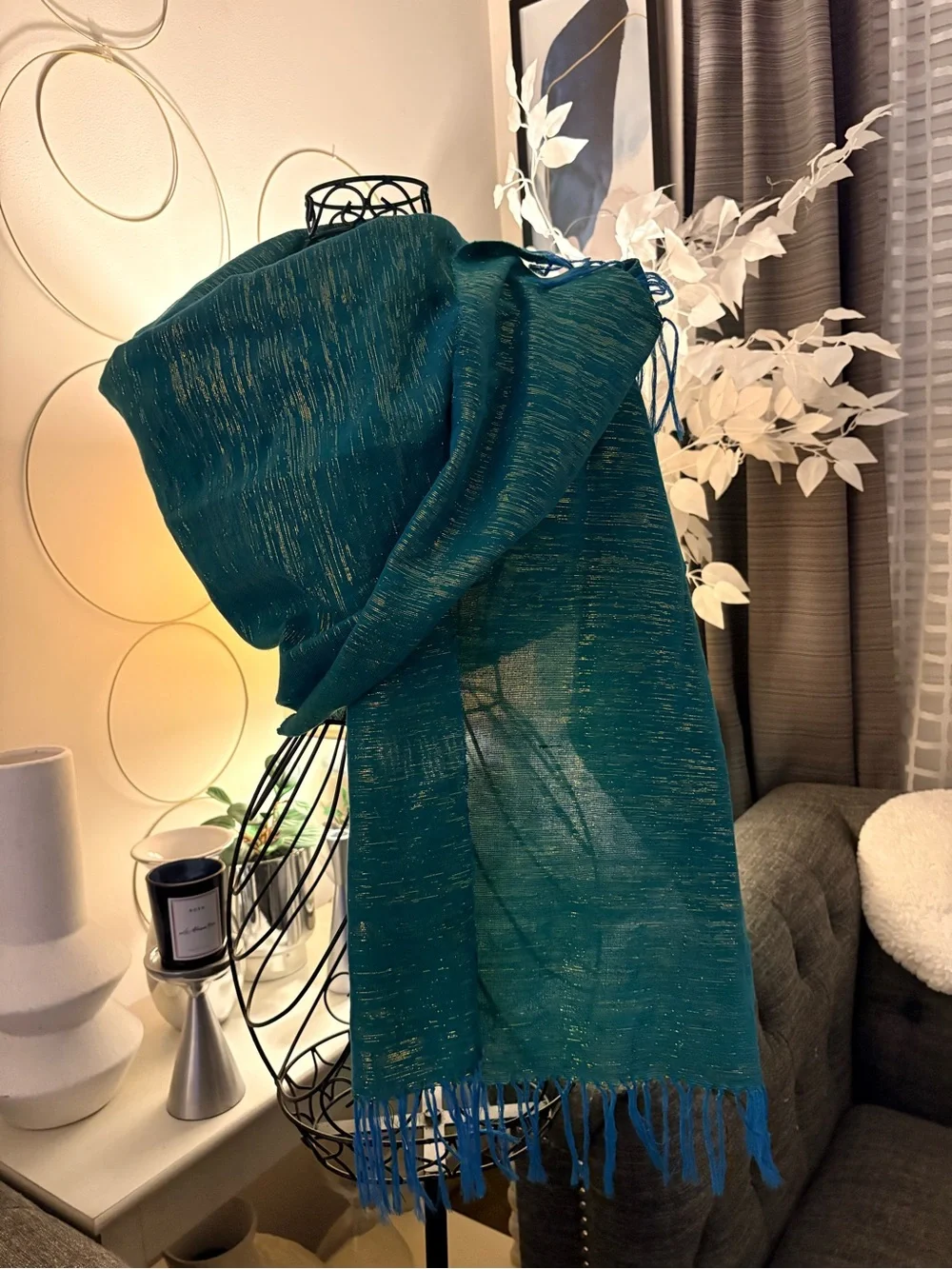 Textured Teal Woven Gold Metallic Thread Blue Fringe Wrap Scarf 21”x 65”